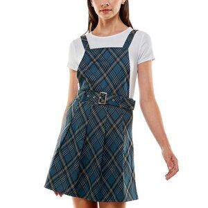 Planet Gold Juniors Size XL Belted Plaid Jumper Dress in Moonlit Ocean Blue